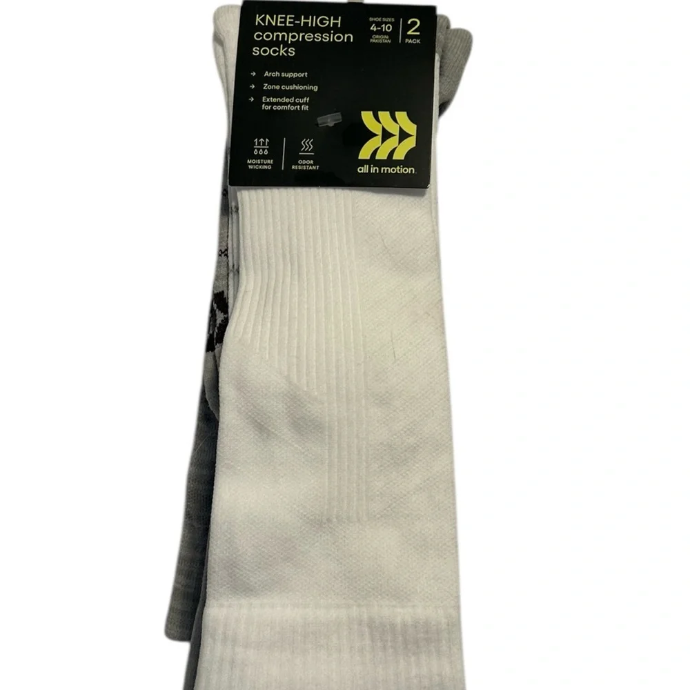 All in Motion Knee High Compression Socks 2 Pair Grey & White